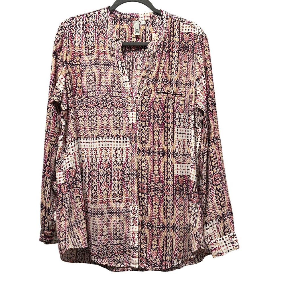 Kut From The Kloth Womens Multicolor Patterned Button-Front Blouse XL Polyester
